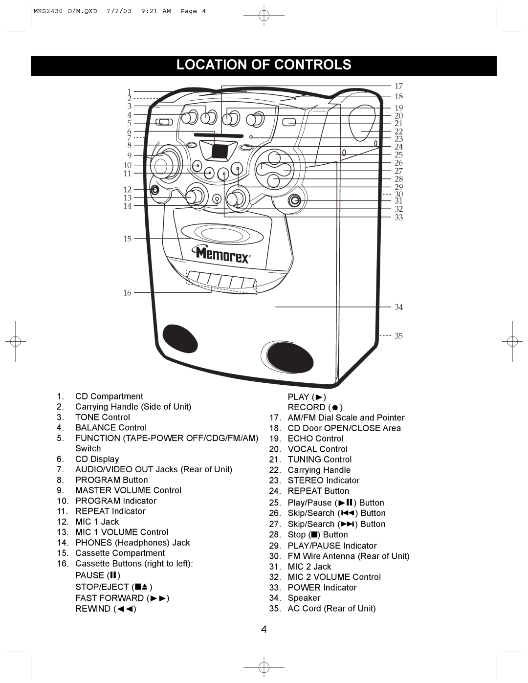 Memorex MKS2430 manual Location of Controls, Function TAPE-POWER OFF/CDG/FM/AM 