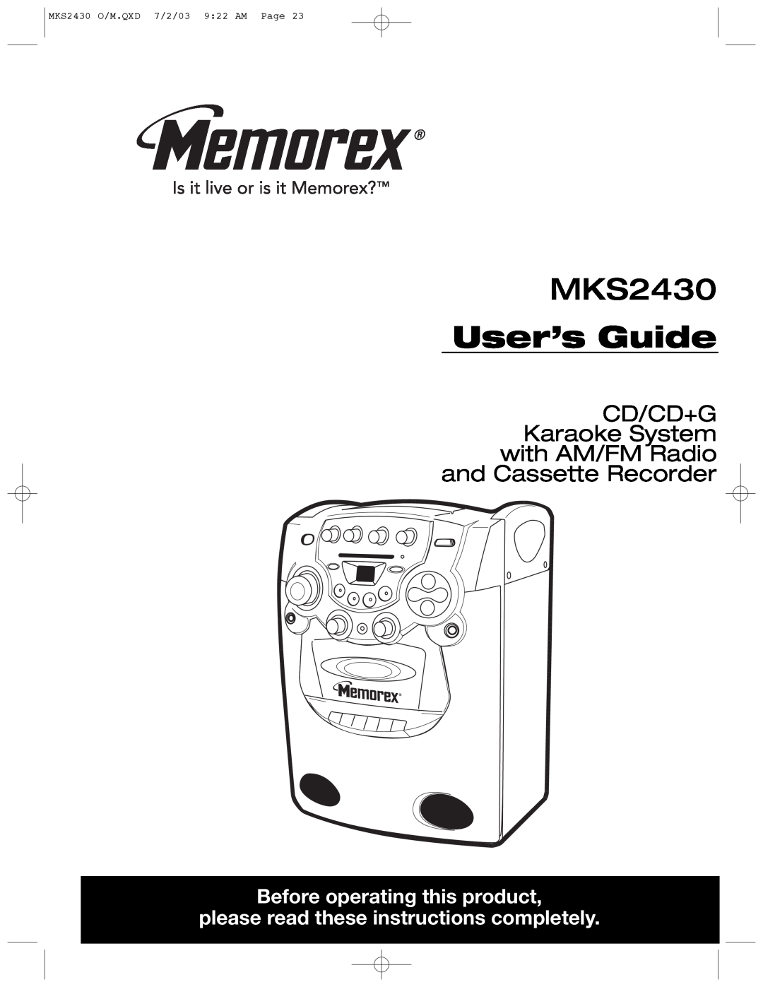 Memorex MKS2430 manual Before operating this product, please read these instructions completely, User’s Guide 