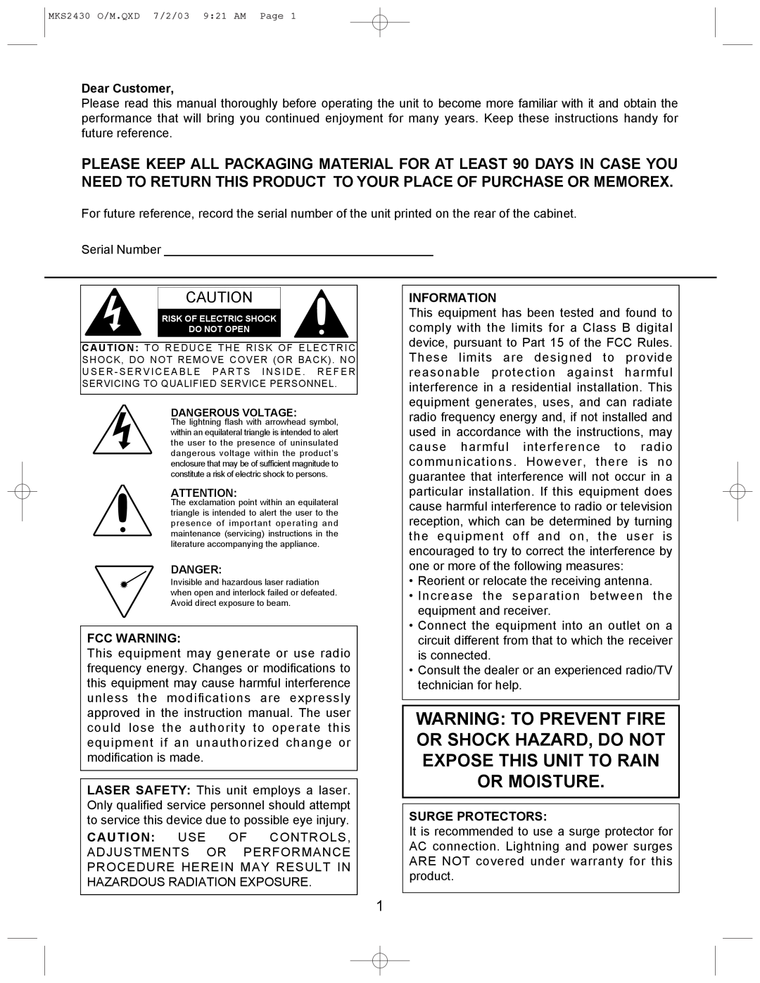 Memorex MKS2430 manual Dear Customer, Fcc Warning, Information, Surge Protectors 