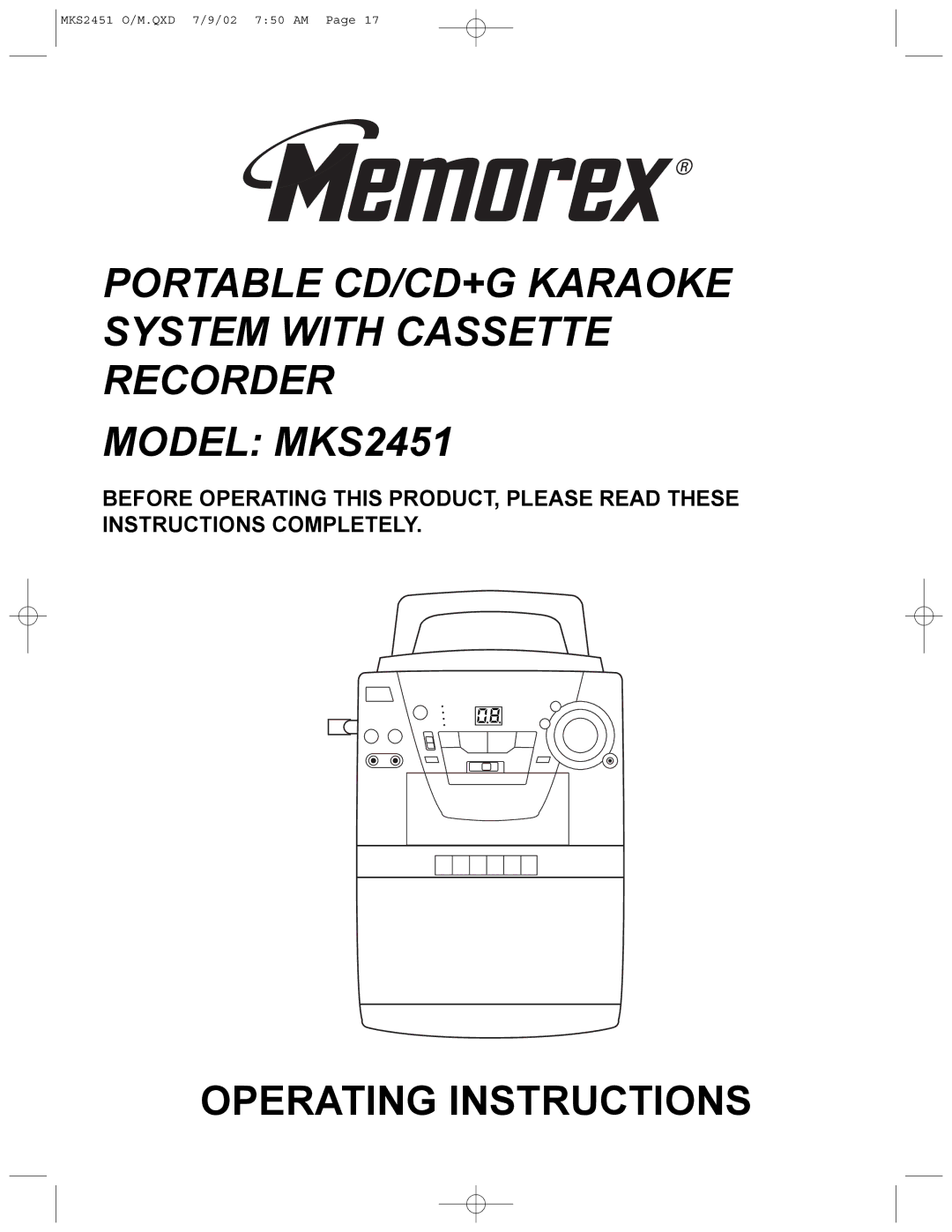 Memorex MKS2451 operating instructions Operating Instructions 