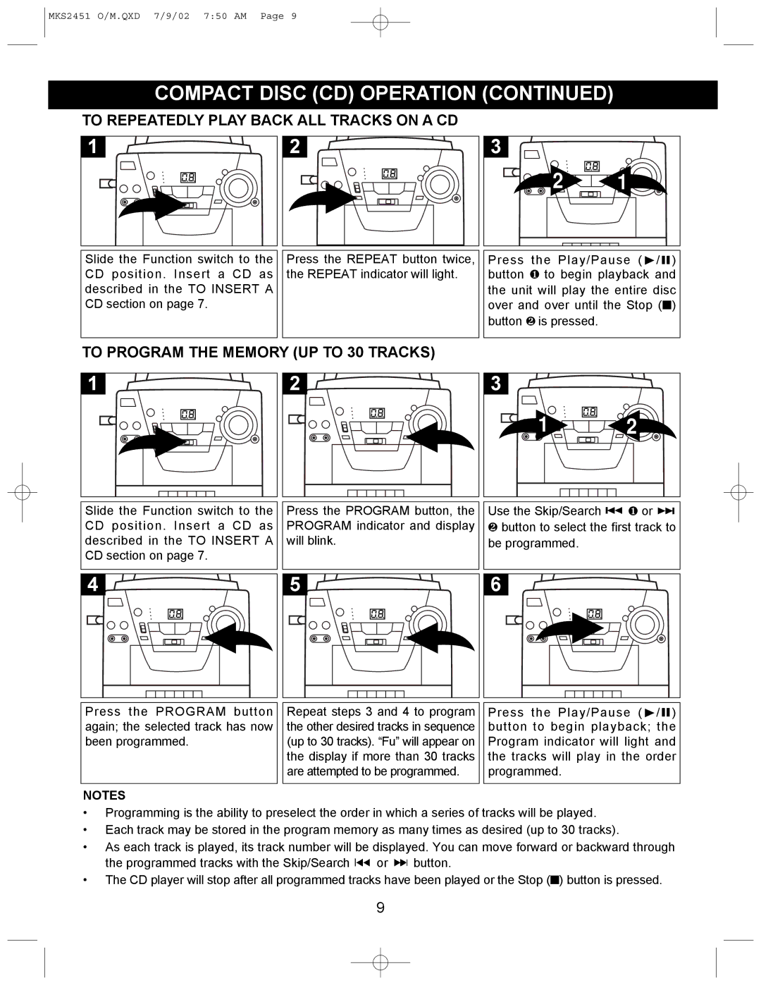 Memorex MKS2451 operating instructions To Repeatedly Play Back ALL Tracks on a CD, To Program the Memory UP to 30 Tracks 