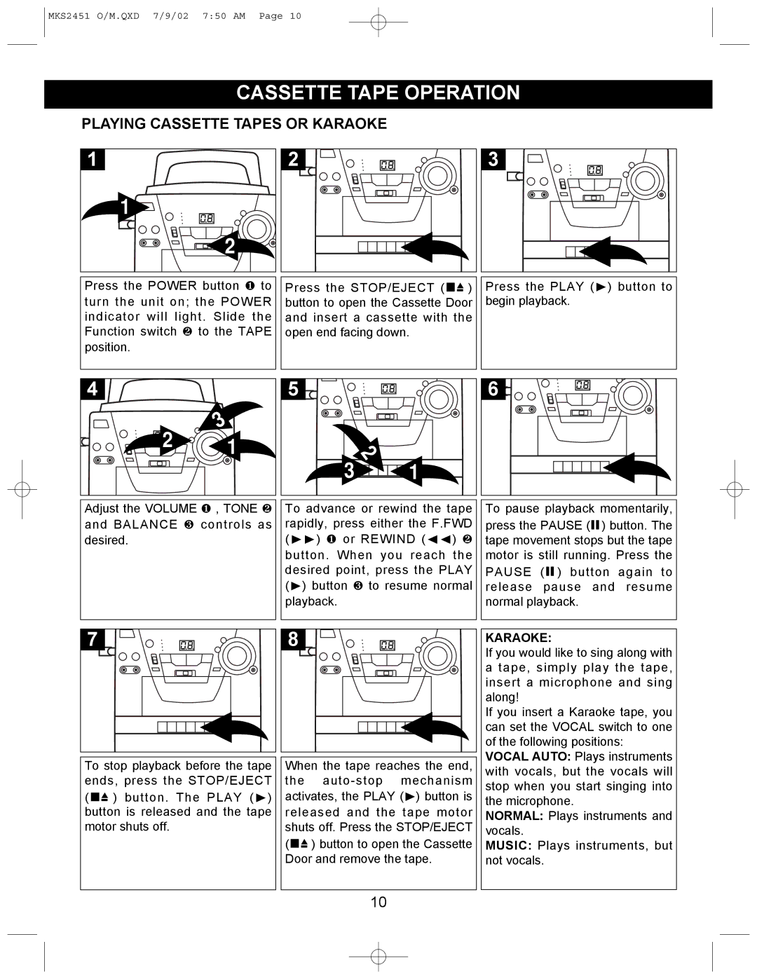 Memorex MKS2451 operating instructions Cassette Tape Operation, Playing Cassette Tapes or Karaoke 