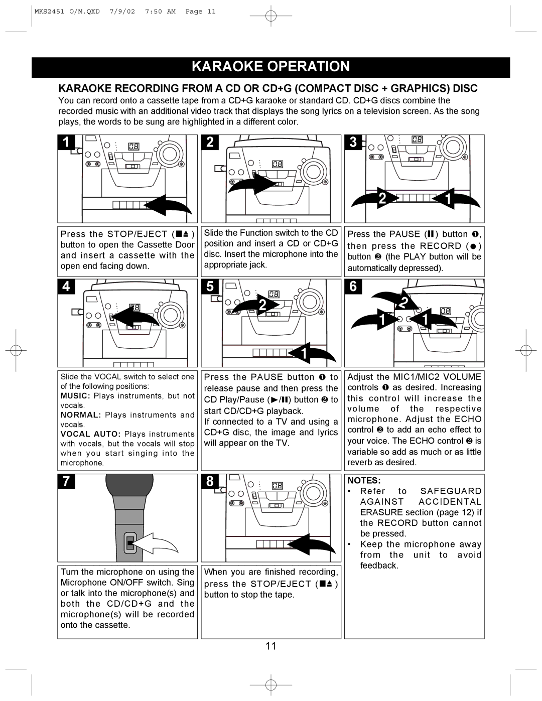 Memorex MKS2451 operating instructions Karaoke Operation 