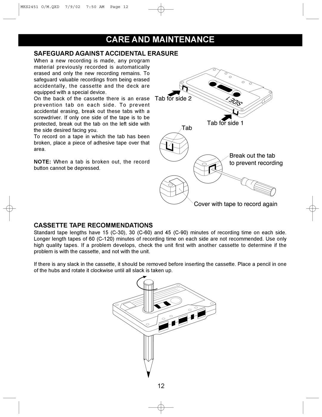 Memorex MKS2451 operating instructions Care and Maintenance, Cassette Tape Recommendations 