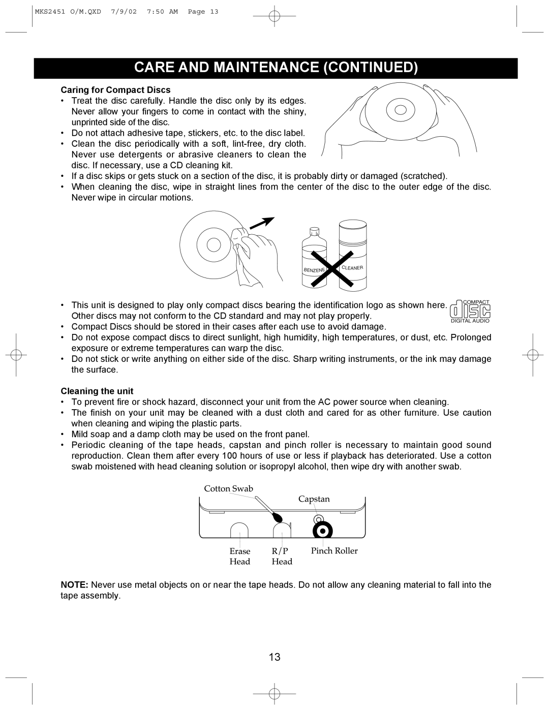 Memorex MKS2451 operating instructions Caring for Compact Discs, Cleaning the unit 