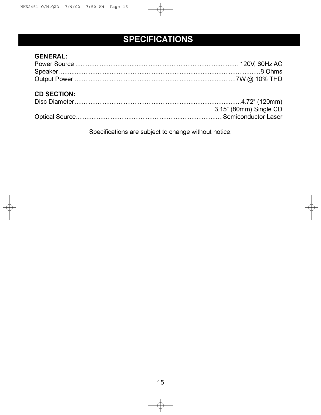 Memorex MKS2451 operating instructions Specifications, General, CD Section 