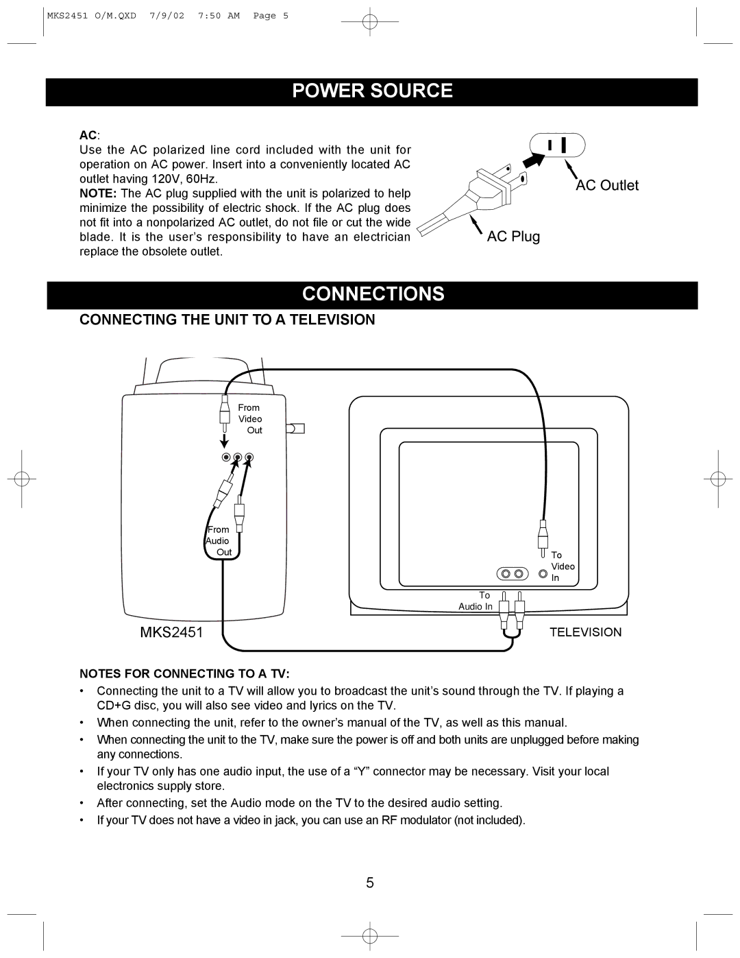 Memorex MKS2451 operating instructions Power Source, Connections, Connecting the Unit to a Television 