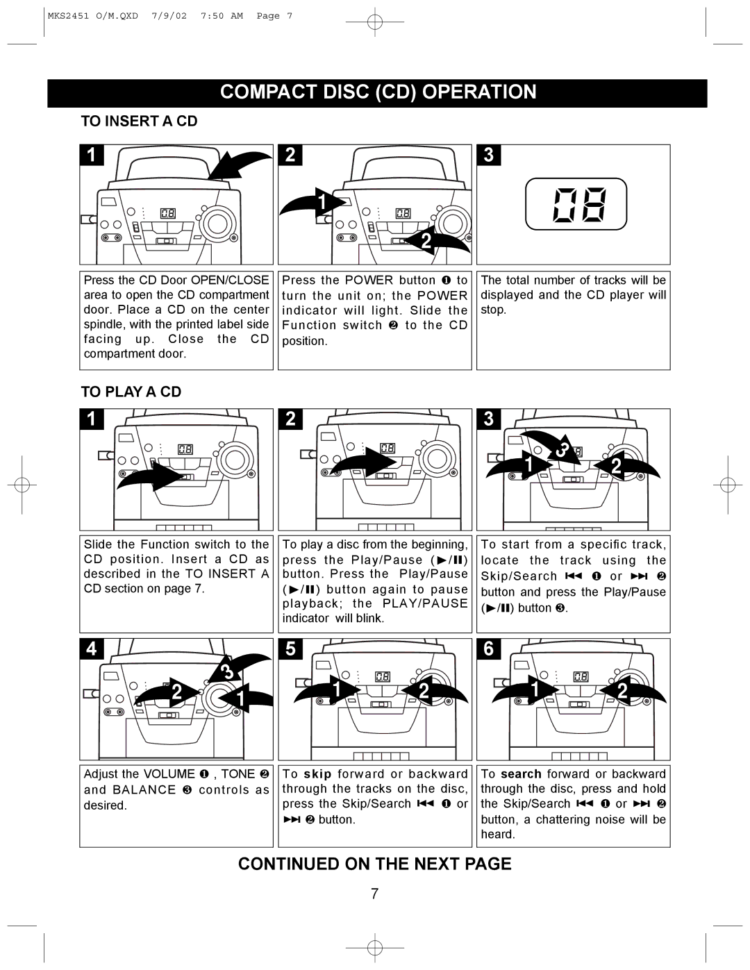 Memorex MKS2451 operating instructions Compact Disc CD Operation, To Insert a CD, To Play a CD 