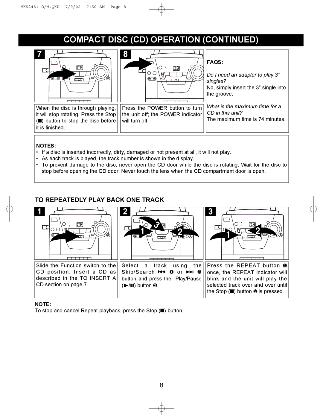 Memorex MKS2451 operating instructions To Repeatedly Play Back ONE Track, Faqs 