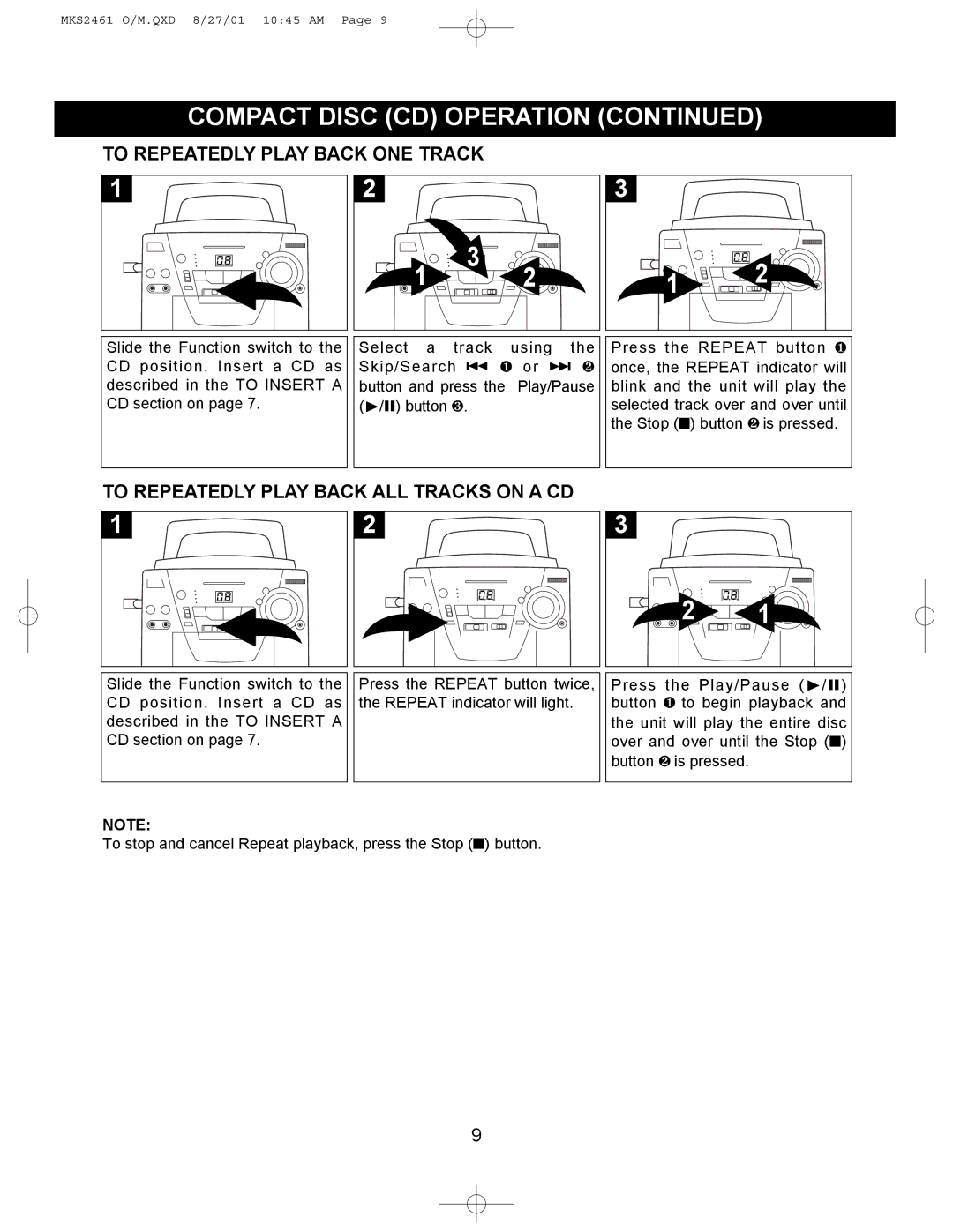 Memorex MKS2461 operating instructions To Repeatedly Play Back ONE Track, To Repeatedly Play Back ALL Tracks on a CD 