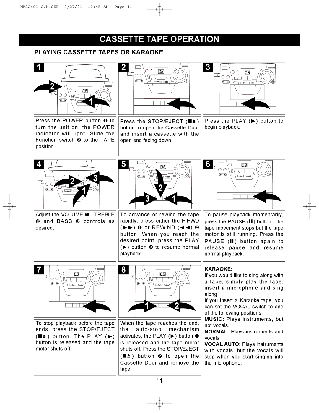 Memorex MKS2461 operating instructions Cassette Tape Operation, Playing Cassette Tapes or Karaoke 