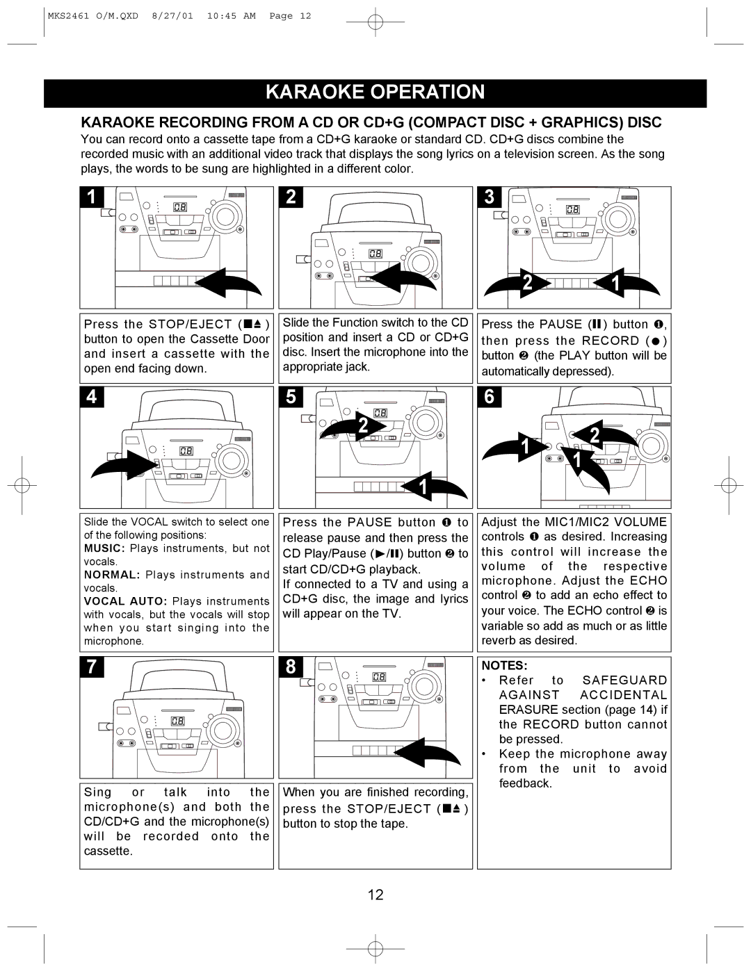 Memorex MKS2461 operating instructions Karaoke Operation 