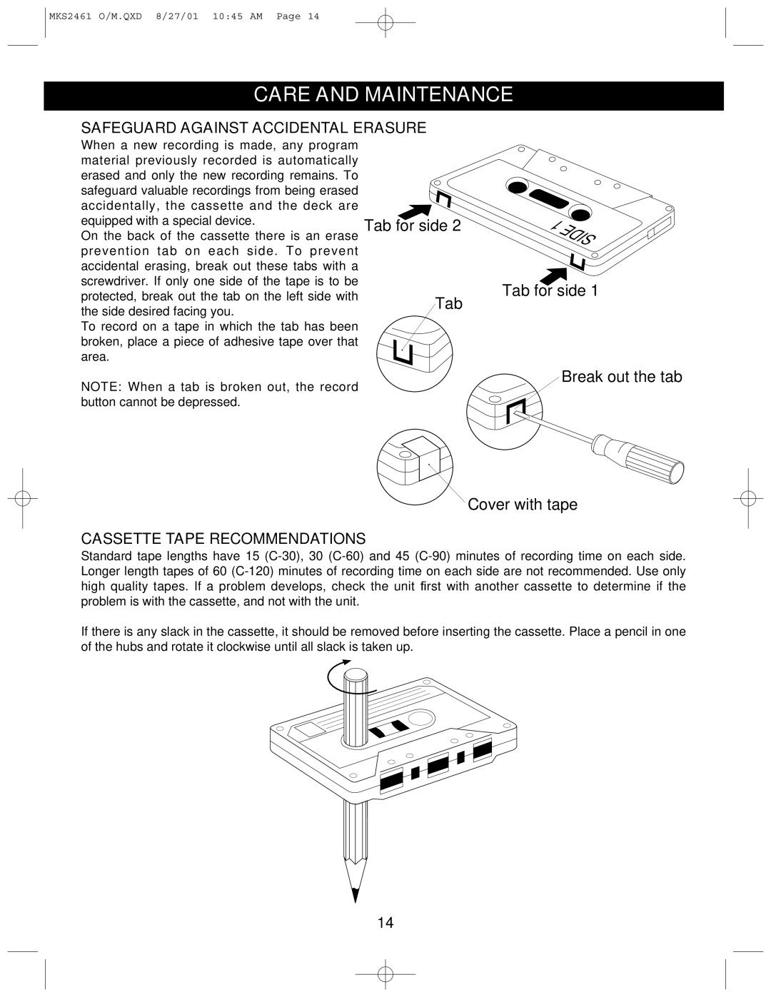 Memorex MKS2461 Care and Maintenance, Safeguard Against Accidental Erasure, Cassette Tape Recommendations 