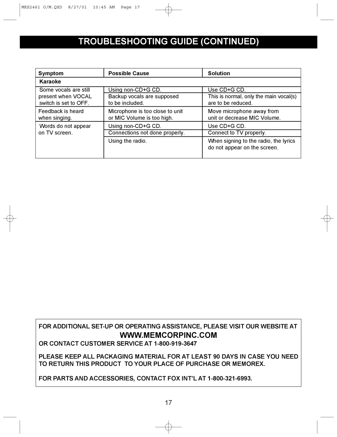 Memorex MKS2461 operating instructions Symptom Possible Cause Solution Karaoke 