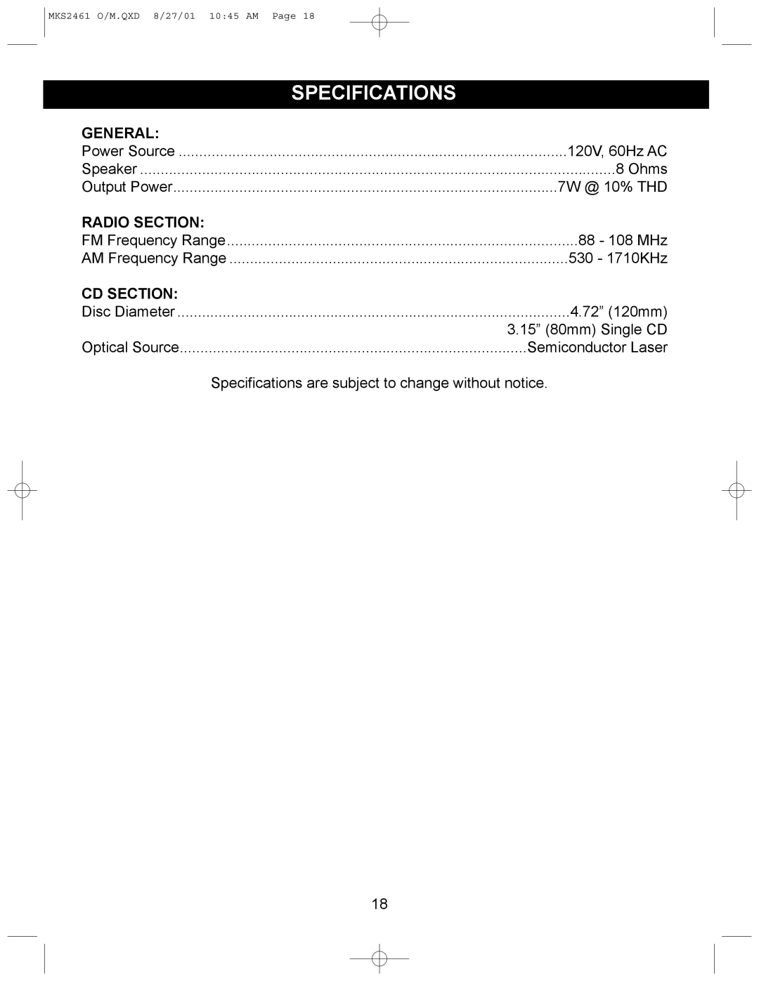 Memorex MKS2461 operating instructions Specifications, General, Radio Section, CD Section 