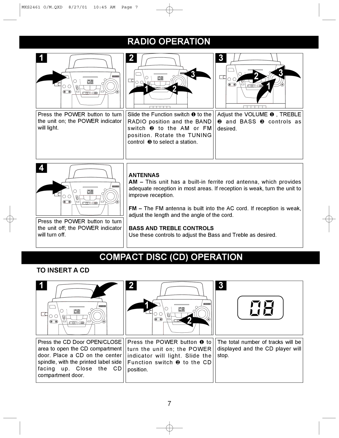 Memorex MKS2461 Radio Operation, Compact Disc CD Operation, To Insert a CD, Antennas, Bass and Treble Controls 