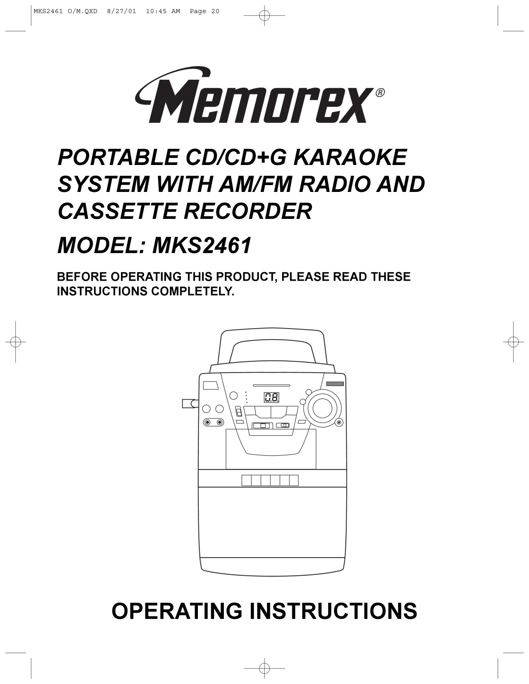 Memorex operating instructions MODEL MKS2461, Operating Instructions, MKS2461 O/M.QXD 8/27/01 10 45 AM Page 