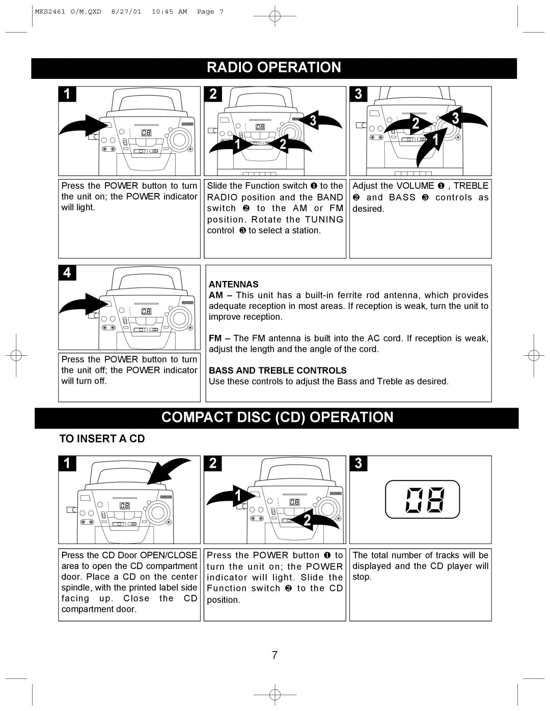 Memorex MKS2461 operating instructions Radio Operation, Compact Disc Cd Operation 