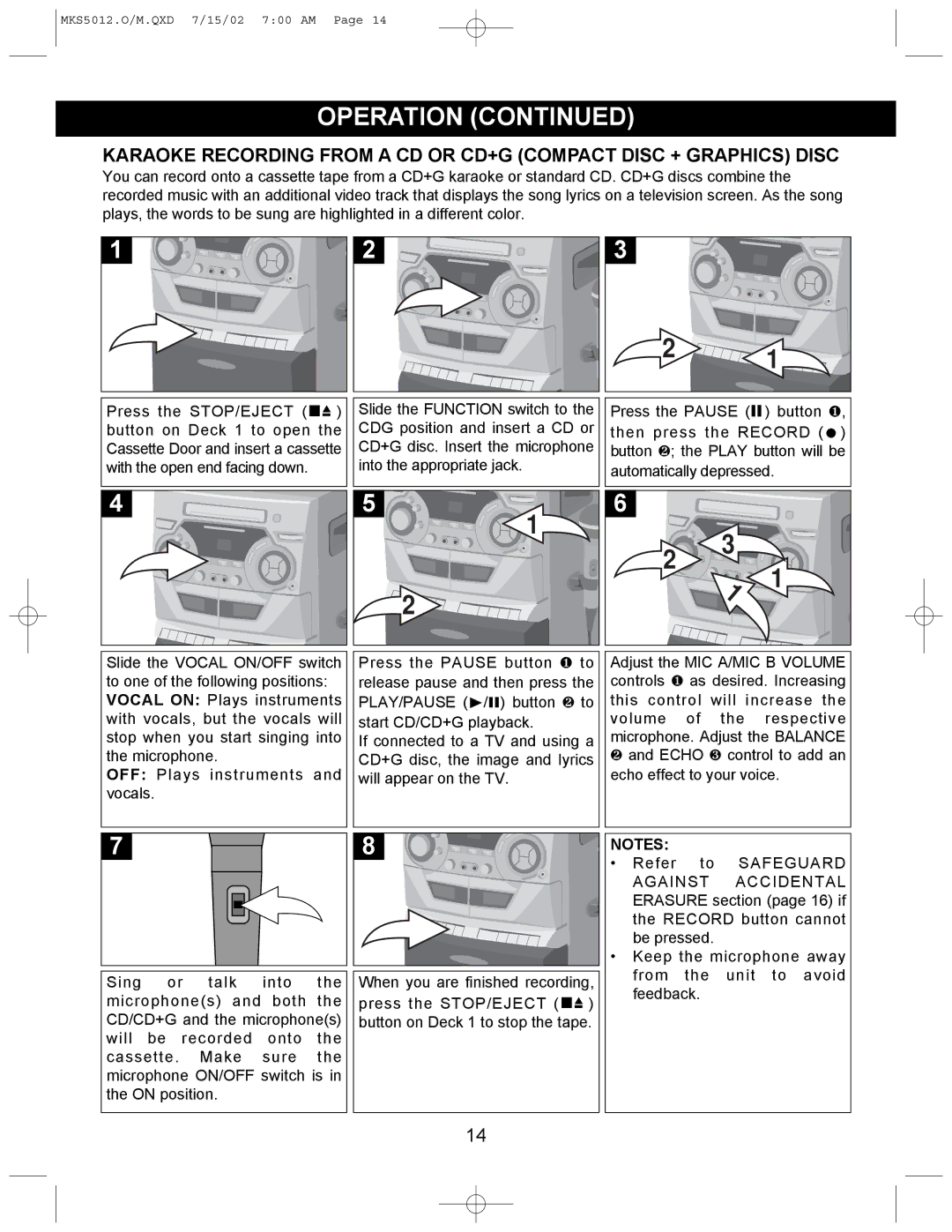 Memorex MKS5012 manual Operation 