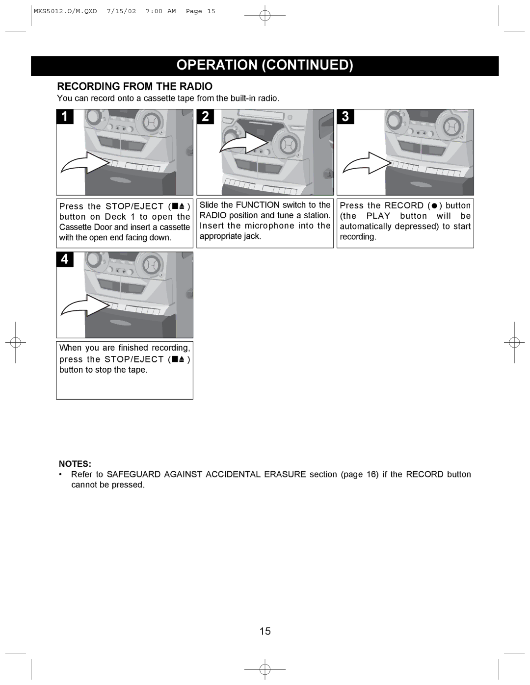 Memorex MKS5012 manual Recording from the Radio, You can record onto a cassette tape from the built-in radio 