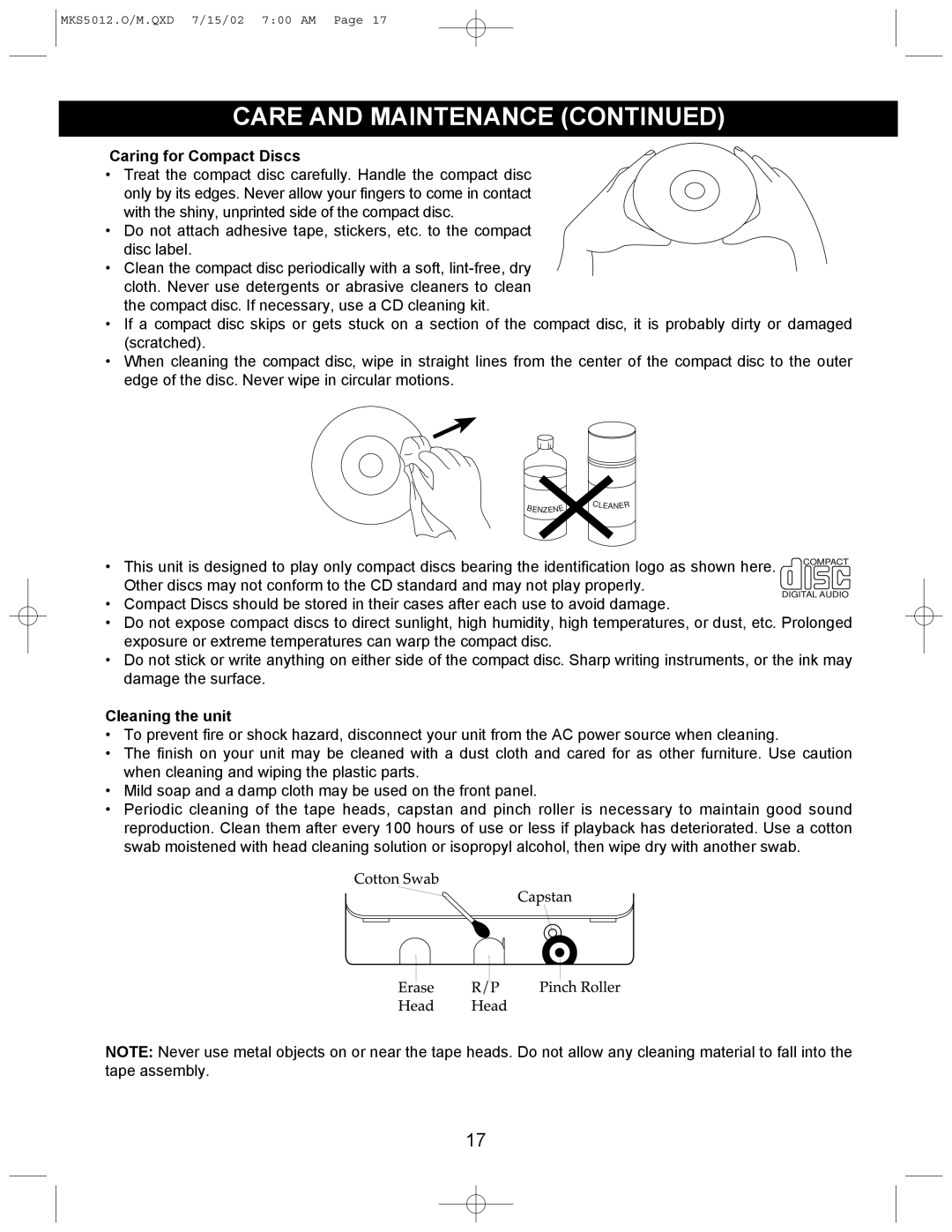 Memorex MKS5012 manual Caring for Compact Discs, Cleaning the unit 