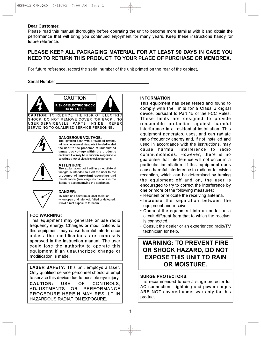 Memorex MKS5012 manual Dear Customer, FCC Warning, Information, Surge Protectors 