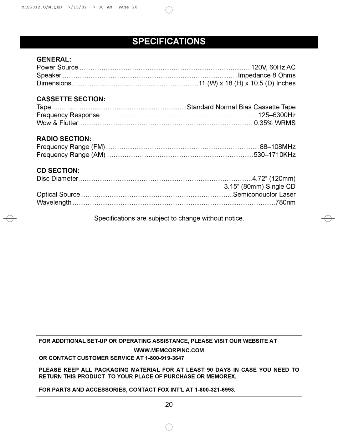 Memorex MKS5012 manual Specifications, General, Cassette Section, Radio Section, CD Section 