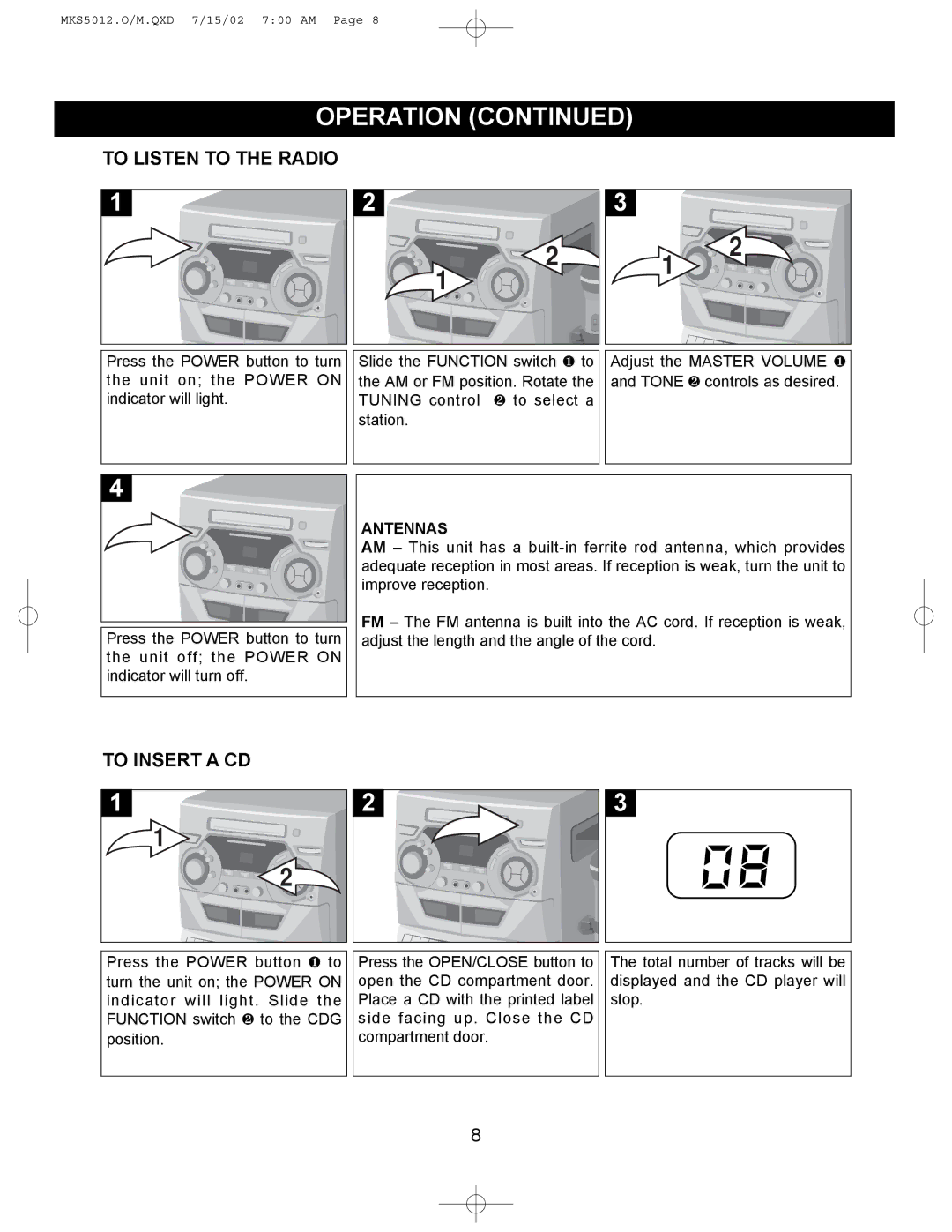 Memorex MKS5012 manual To Listen to the Radio, To Insert a CD, Antennas 