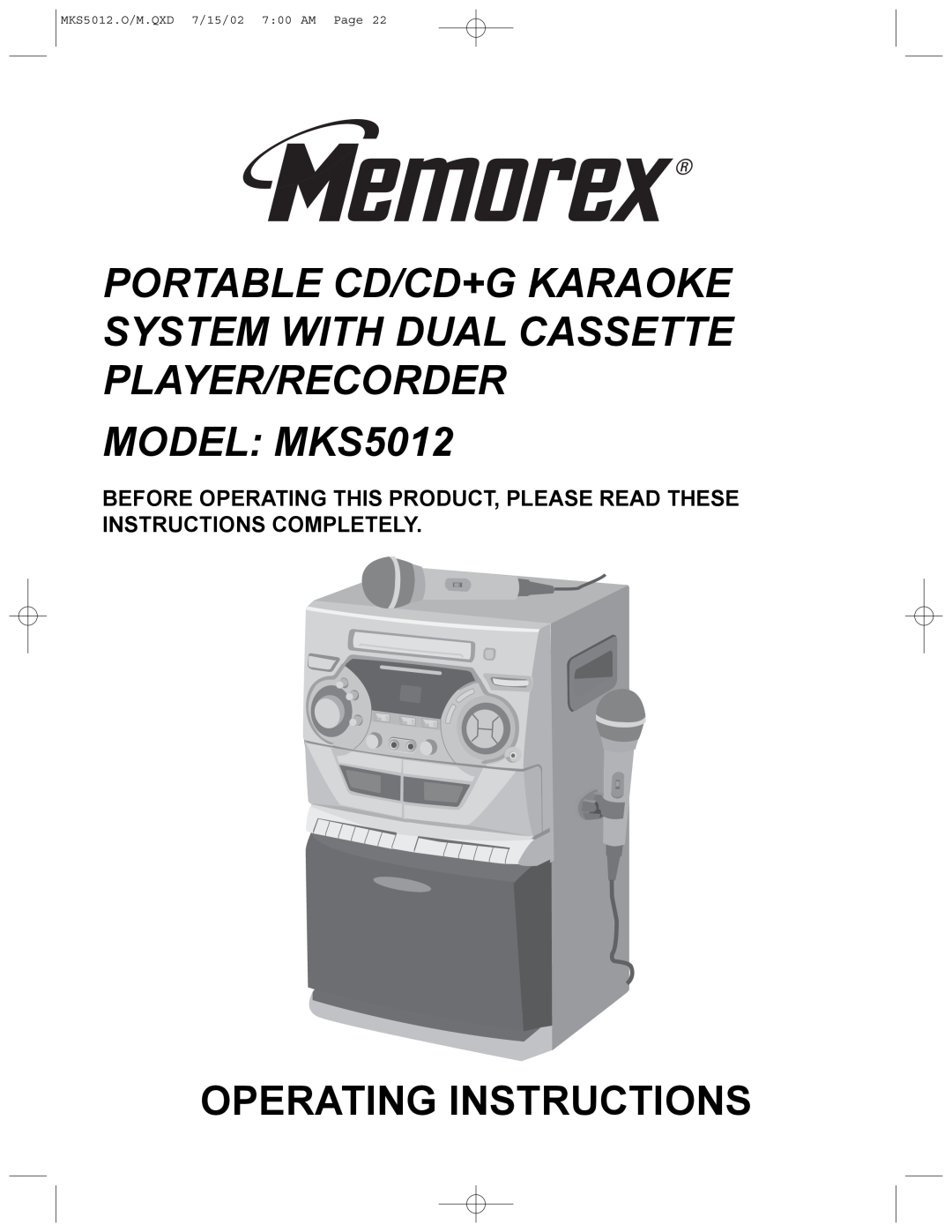 Memorex manual MODEL: MKS5012, Operating Instructions, MKS5012.O/M.QXD 7/15/02 7 00 AM Page 