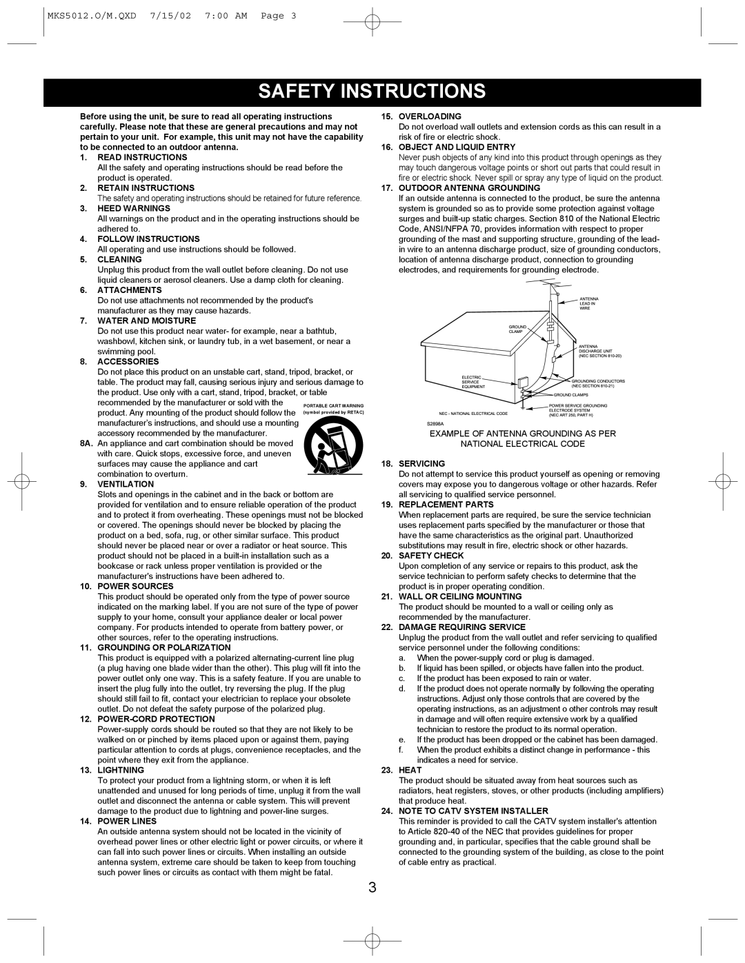 Memorex MKS5012 manual Leadin, Safety Instructions, POWERGROUNDSERVICENECCLAMPSSECTIONGROUNDING810-21, Antenna 