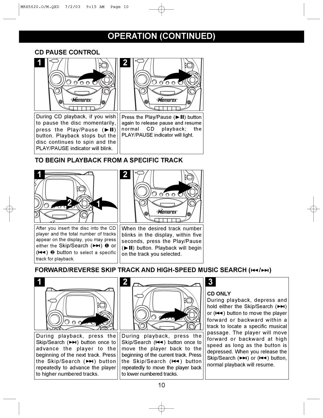 Memorex MKS5620 manual CD Pause Control, To Begin Playback from a Specific Track, CD only 