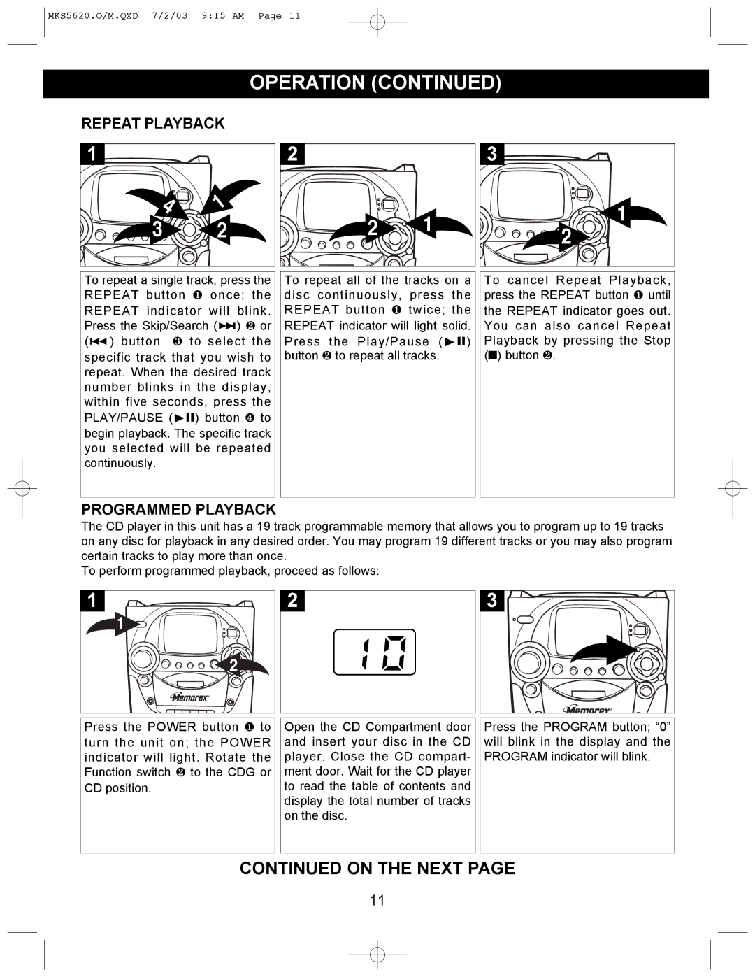 Memorex MKS5620 manual Repeat Playback, Programmed Playback 