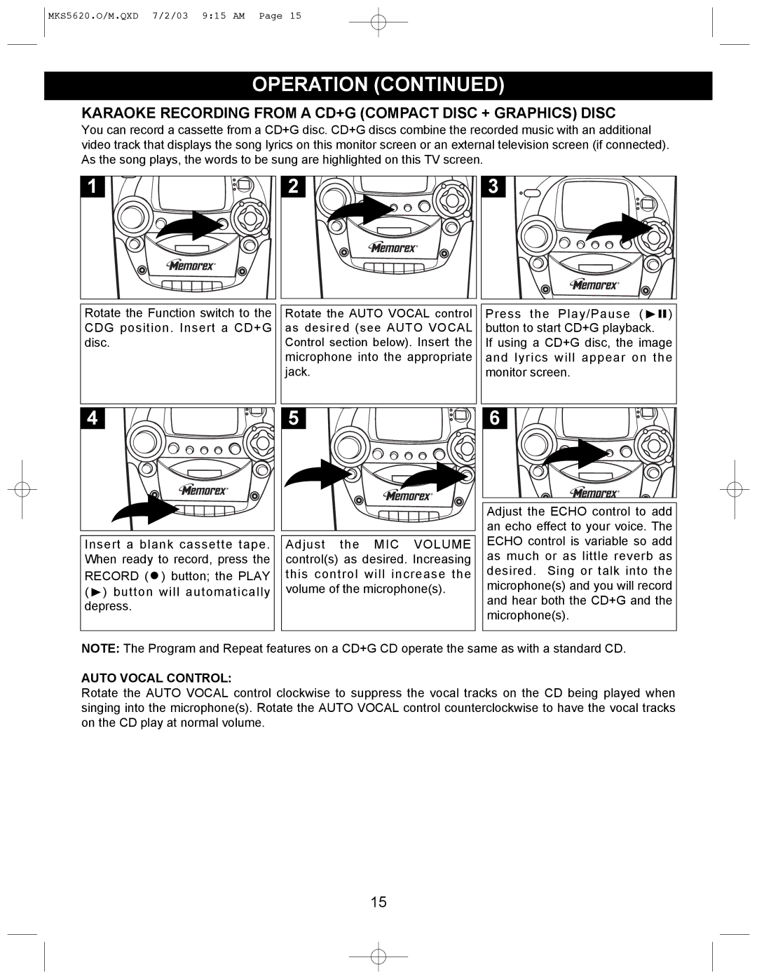 Memorex MKS5620 manual Karaoke Recording from a CD+G Compact Disc + Graphics Disc, Auto Vocal Control 