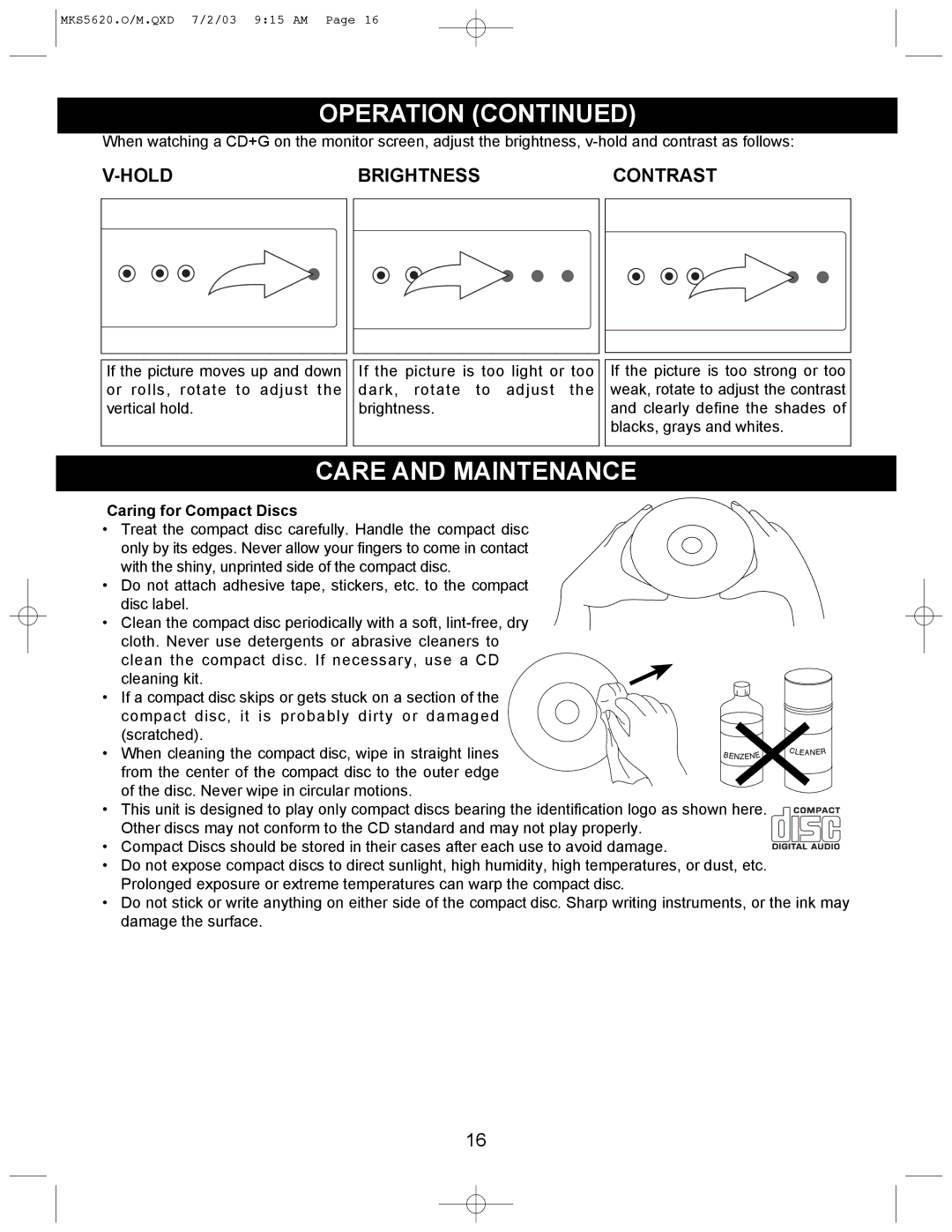 Memorex MKS5620 manual Care and Maintenance, Hold Brightness Contrast, Caring for Compact Discs 