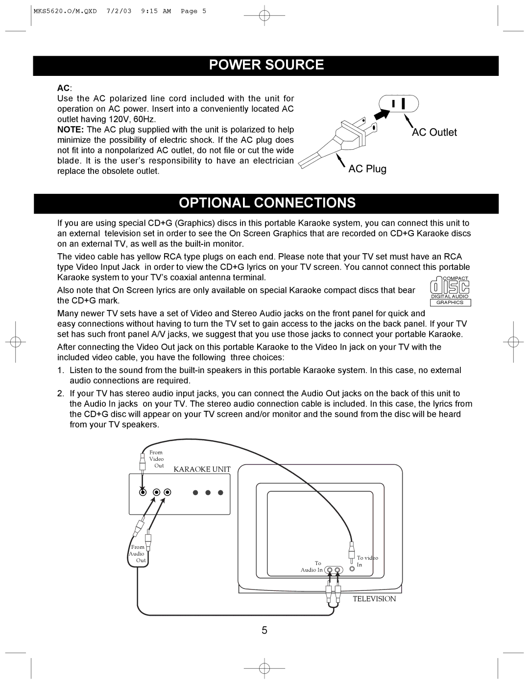 Memorex MKS5620 manual Power Source, Optional Connections 