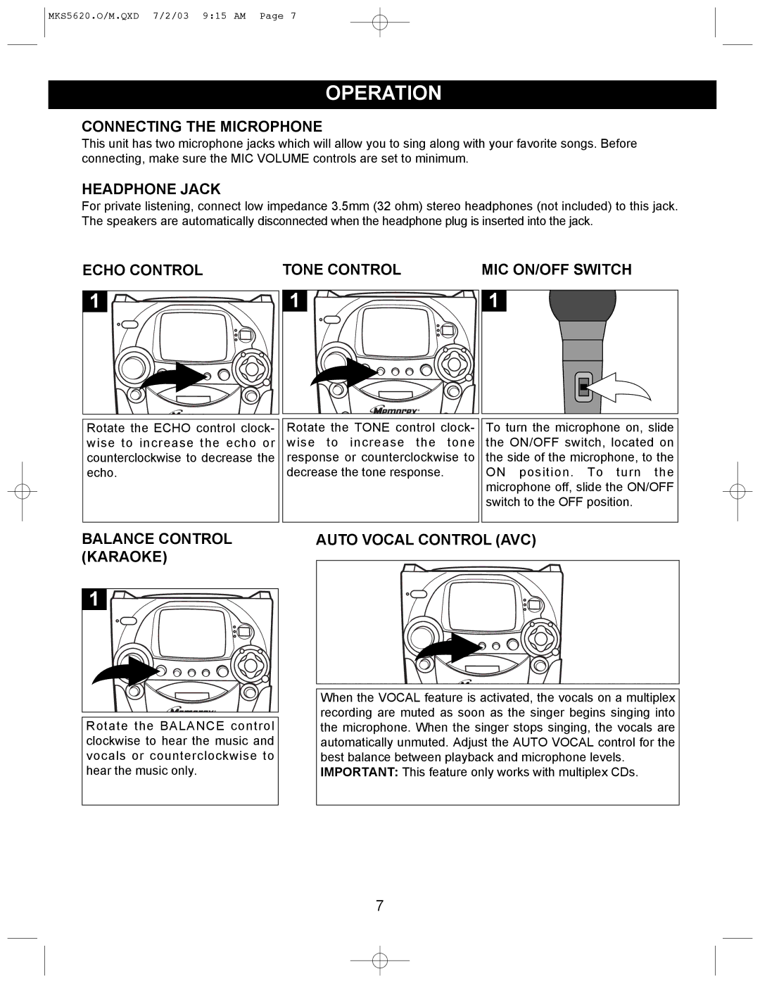 Memorex MKS5620 manual Operation 