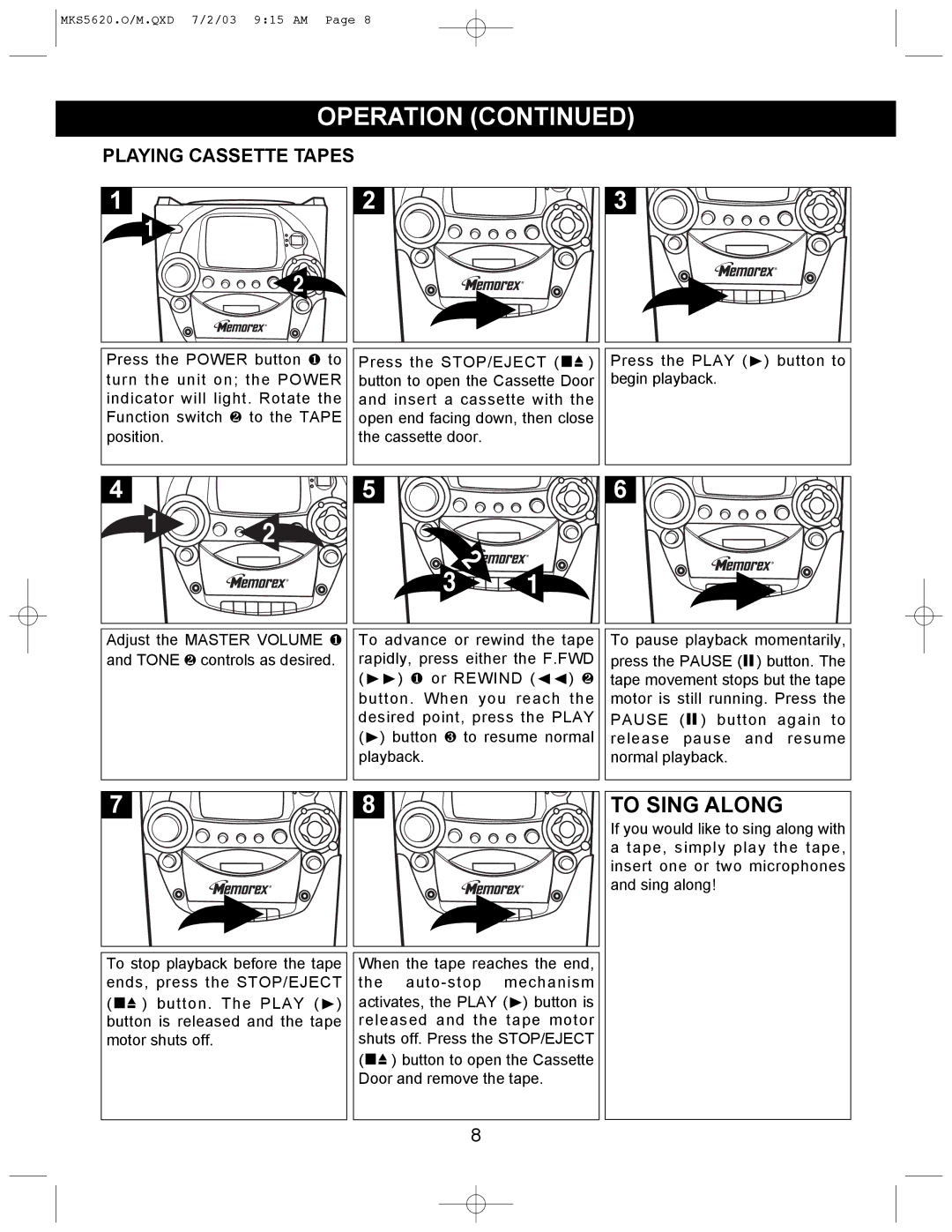 Memorex MKS5620 manual To Sing Along, Playing Cassette Tapes 