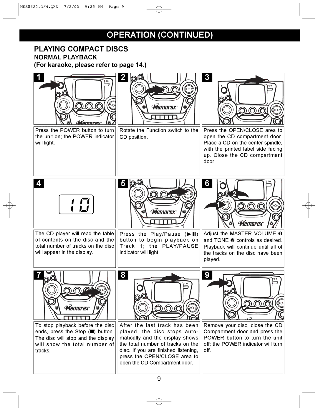 Memorex MKS5622 manual Playing Compact Discs, Normal Playback 