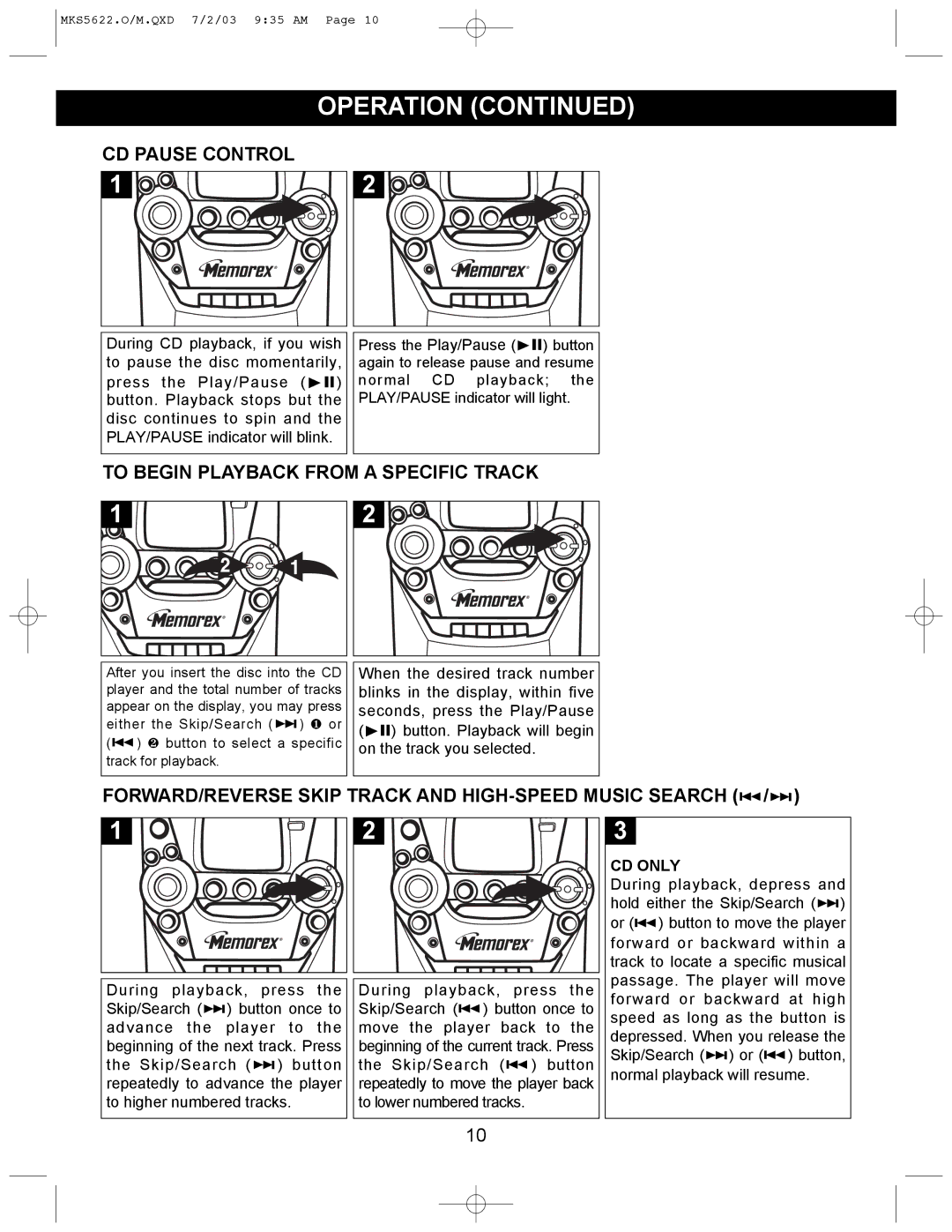 Memorex MKS5622 manual CD Pause Control, To Begin Playback from a Specific Track, CD only 