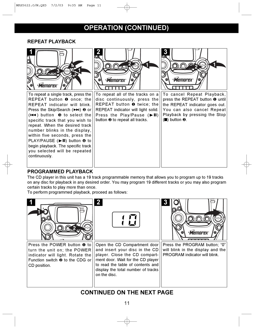 Memorex MKS5622 manual Repeat Playback, Programmed Playback 