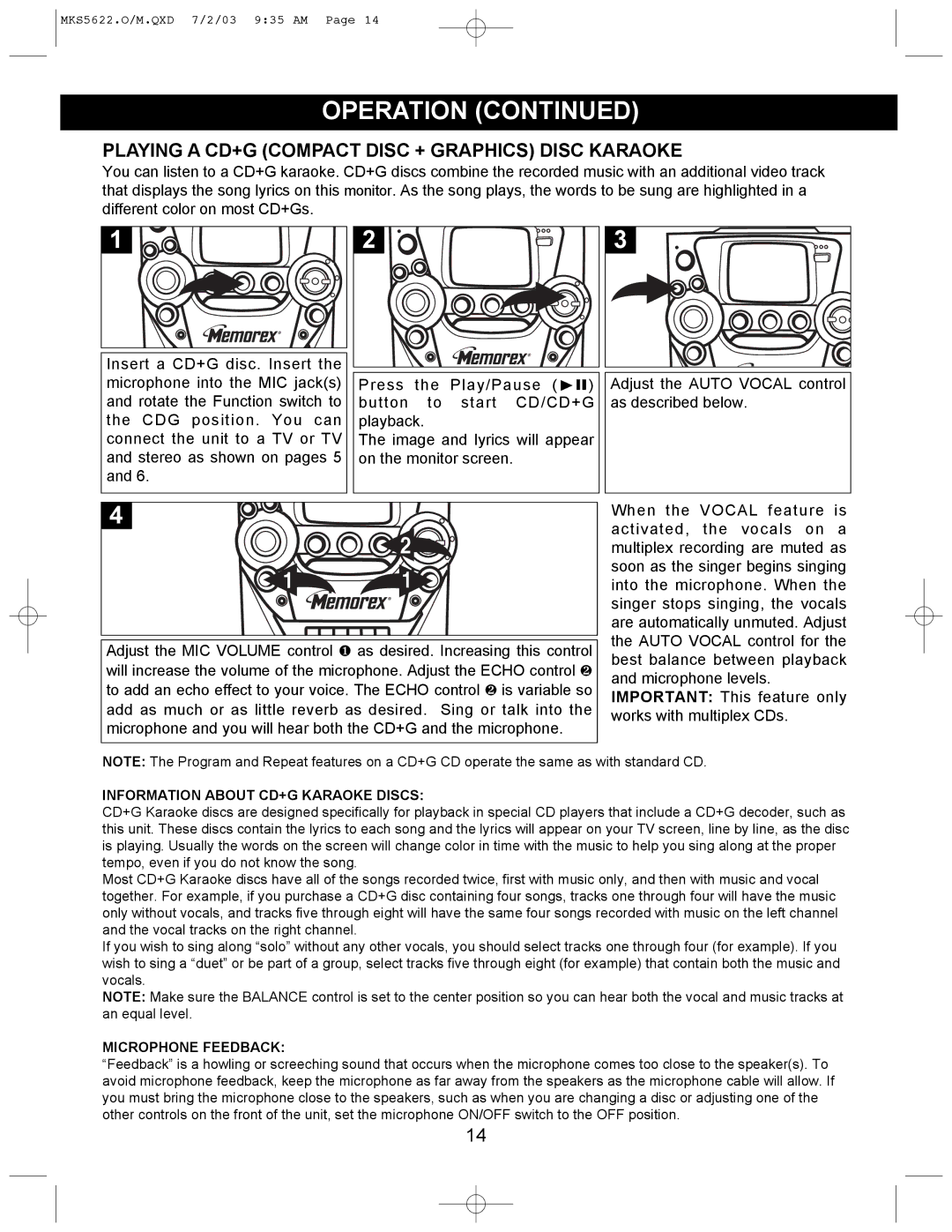 Memorex MKS5622 manual Playing a CD+G Compact Disc + Graphics Disc Karaoke, Information about CD+G Karaoke Discs 