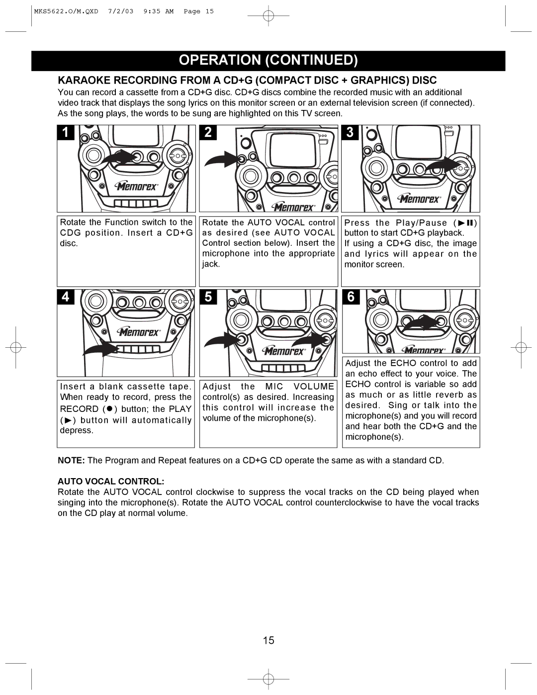 Memorex MKS5622 manual Karaoke Recording from a CD+G Compact Disc + Graphics Disc, Auto Vocal Control 