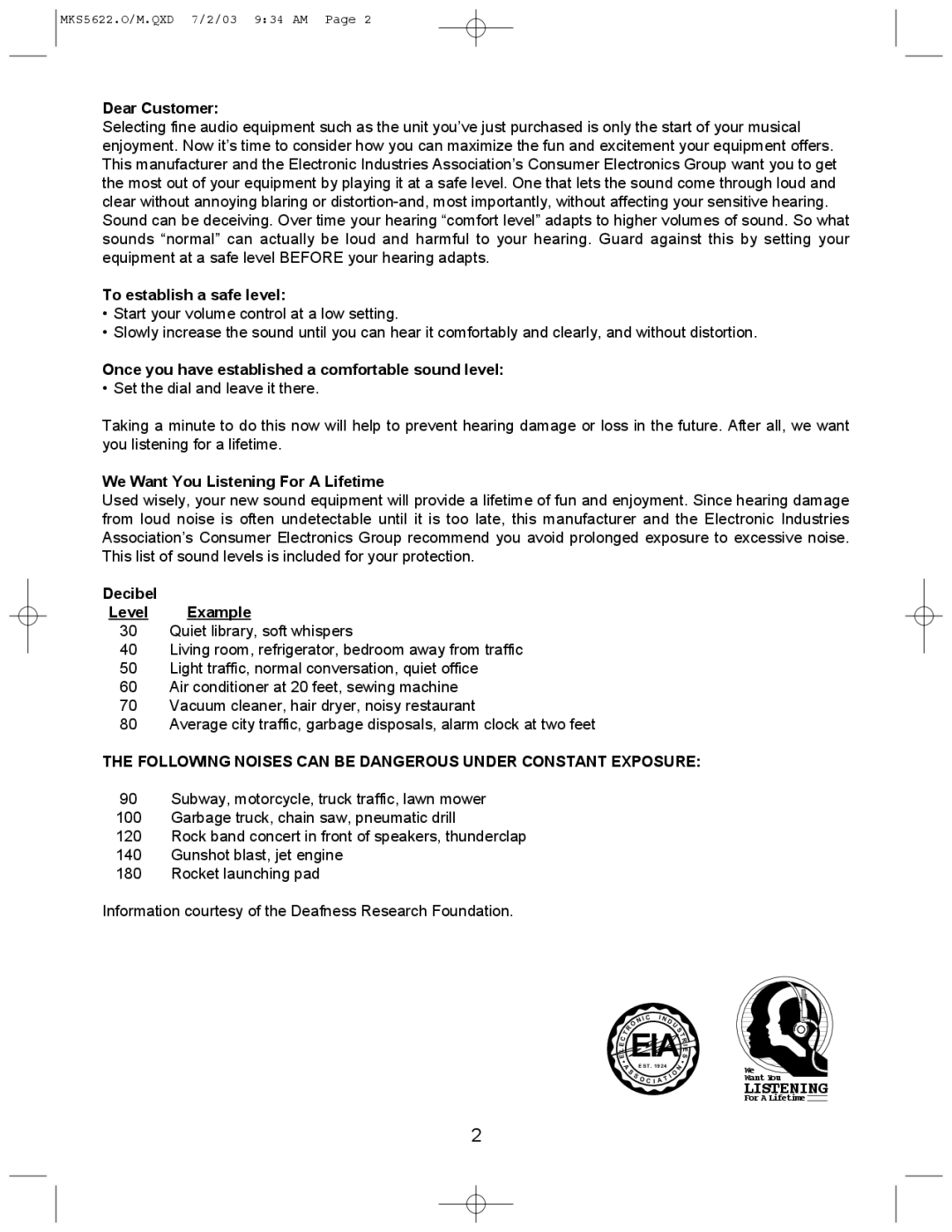 Memorex MKS5622 To establish a safe level, Once you have established a comfortable sound level, Decibel Level Example 
