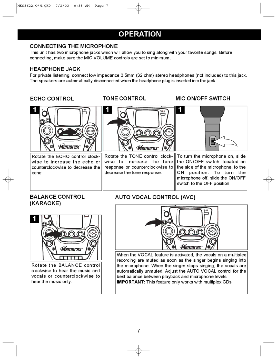 Memorex MKS5622 manual Operation 