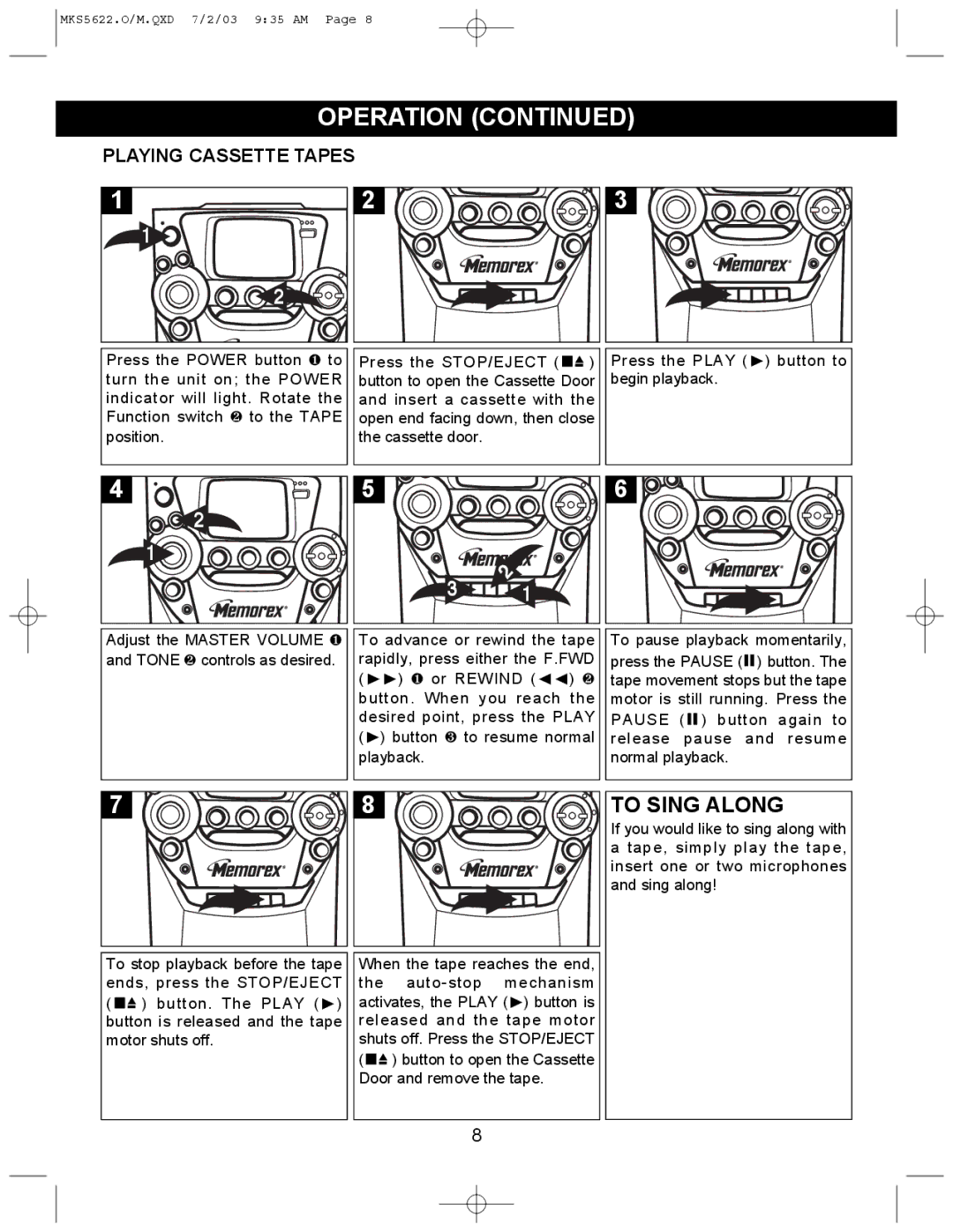 Memorex MKS5622 manual To Sing Along, Playing Cassette Tapes 