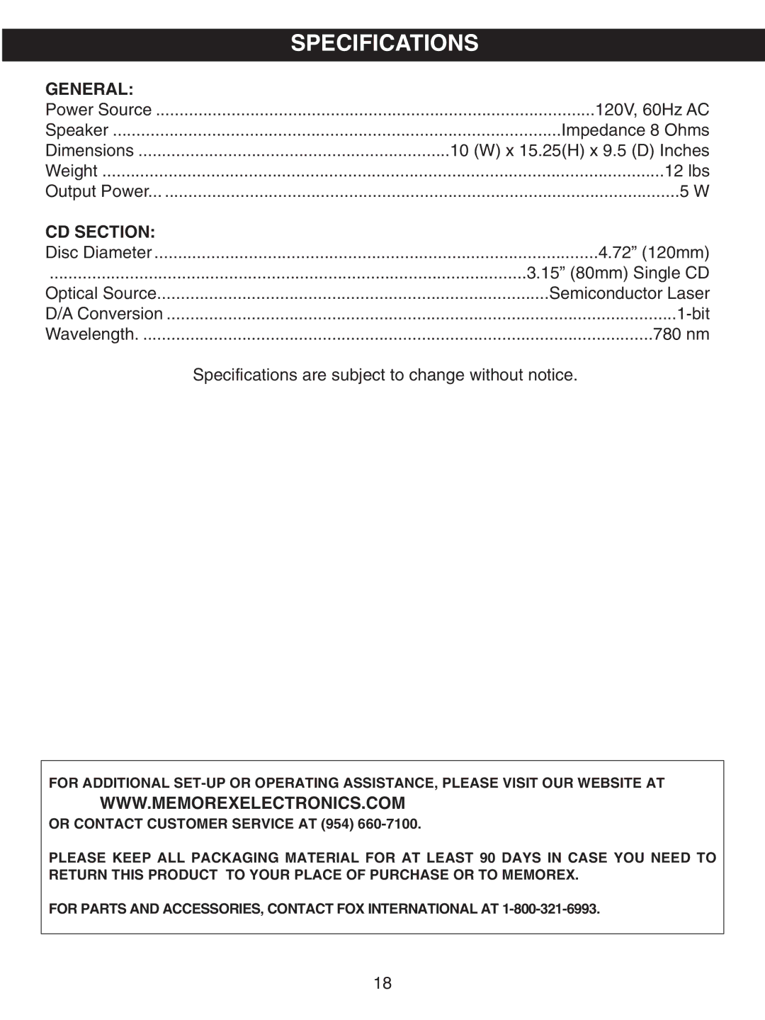 Memorex MKS5627 manual Specifications, General, CD Section 