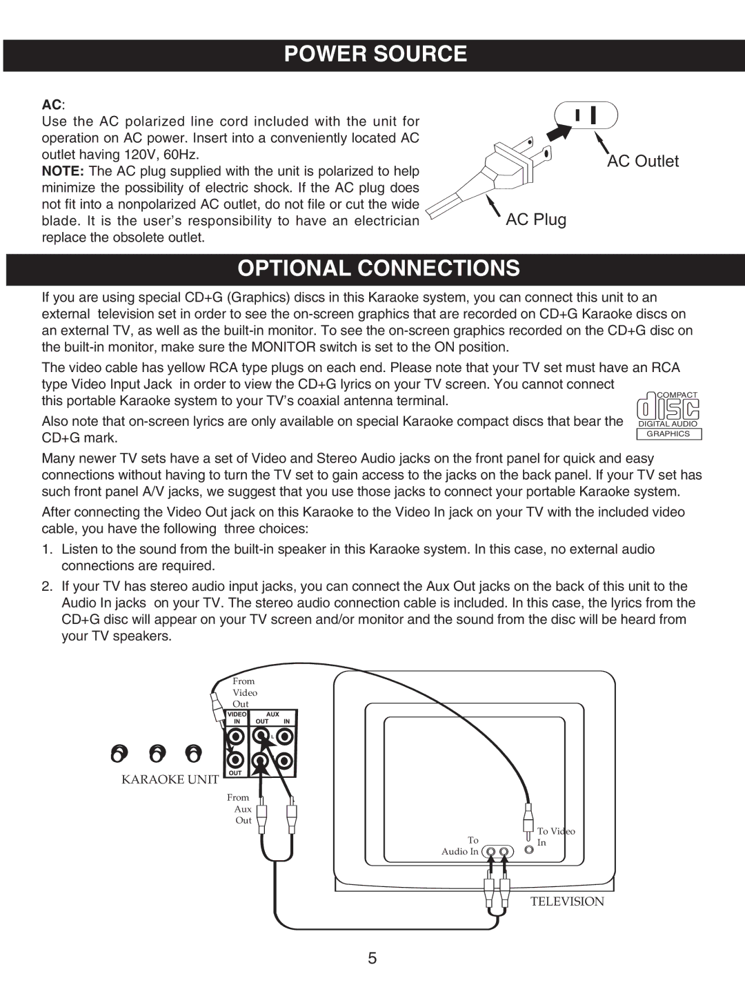 Memorex MKS5627 manual Power Source, Optional Connections 