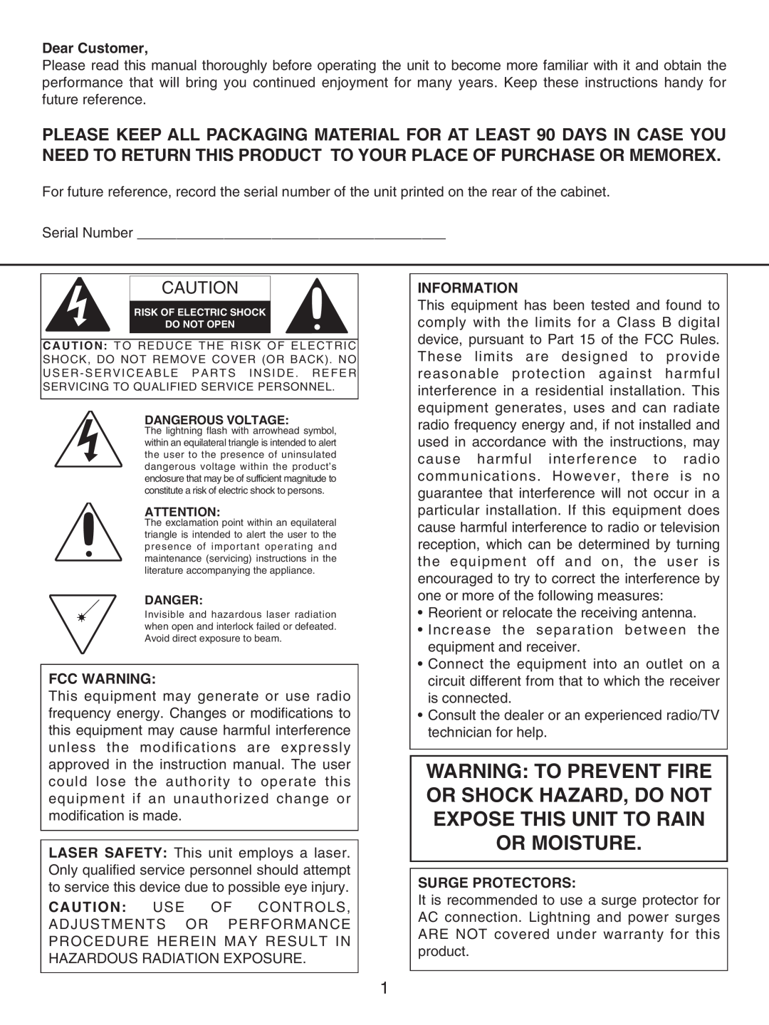 Memorex MKS5627 manual Fcc Warning, Information, Surge Protectors 