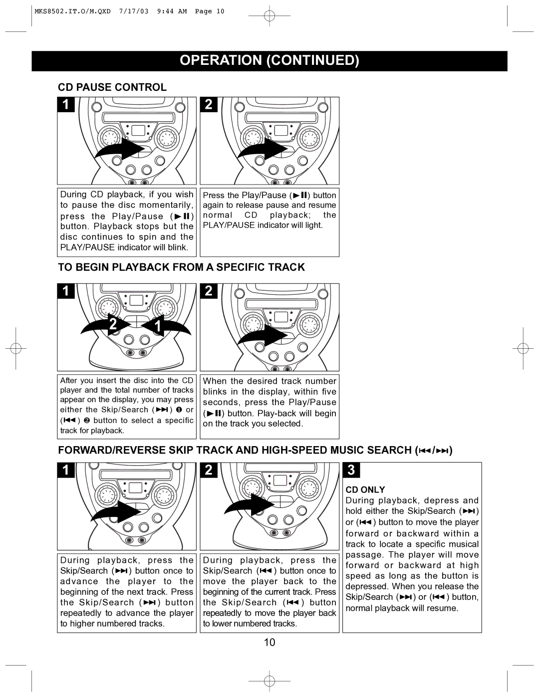 Memorex MKS8502 manual CD Pause Control, To Begin Playback from a Specific Track, CD only 