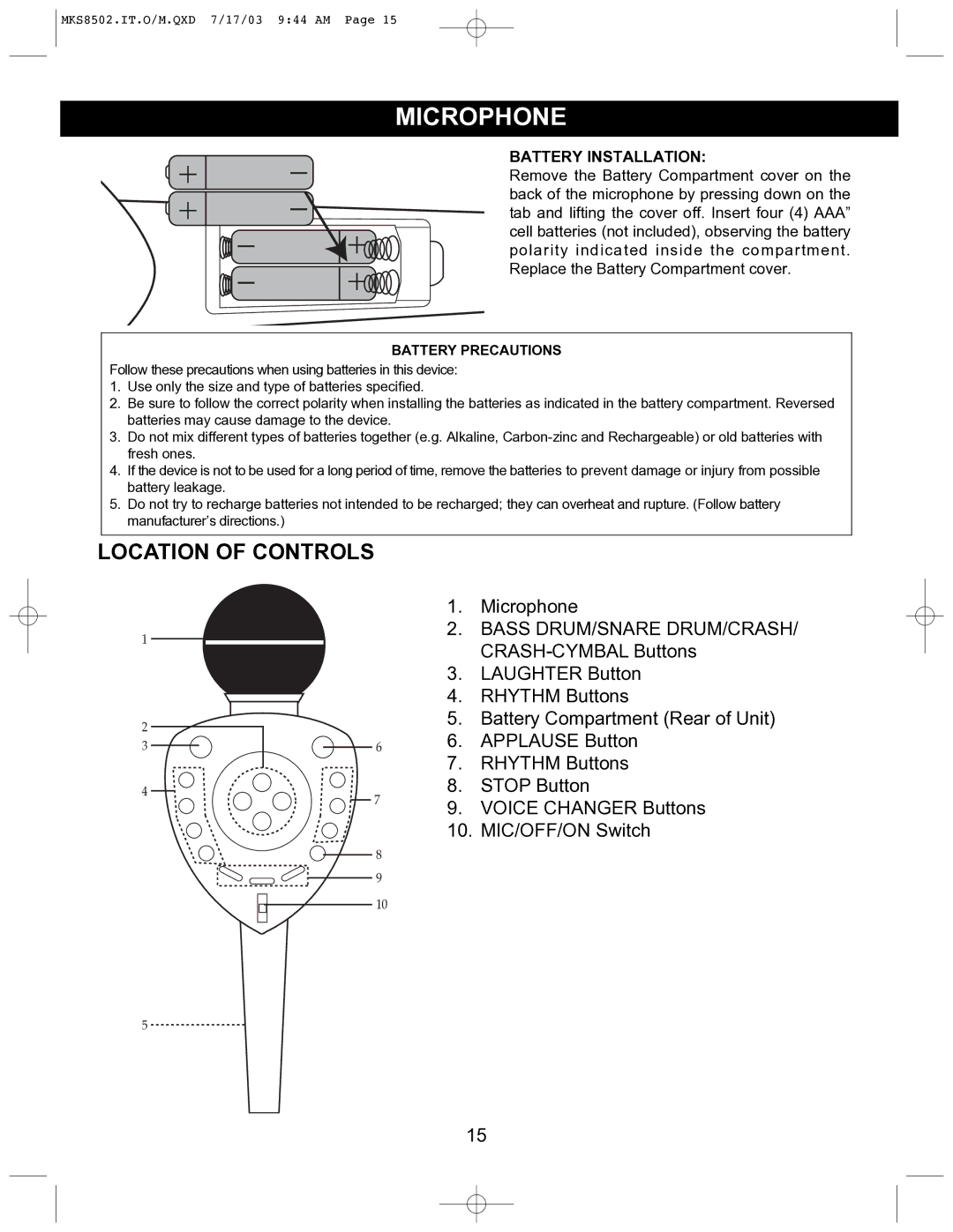 Memorex MKS8502 manual Microphone, Battery Installation 